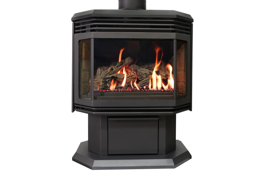 45 gas freestanfing stove black grills red bricks